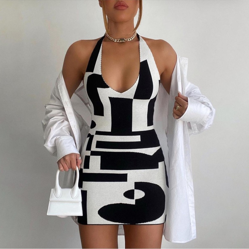 Chic Black and White Halter Dress p